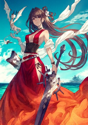 Anime girl with dragon and sword on beach