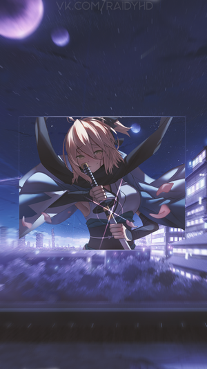 Anime girl with sword in front of city