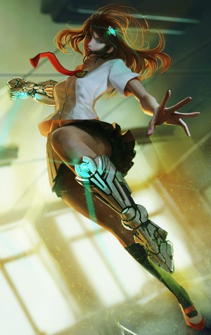 Cyborg woman in school uniform with mechanical limbs