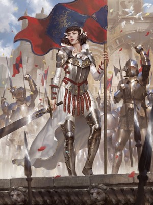 Woman in armor holding a flag and sword