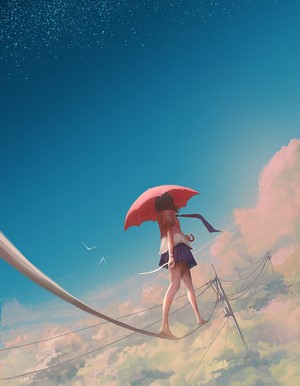 Anime girl with umbrella walking on tightrope