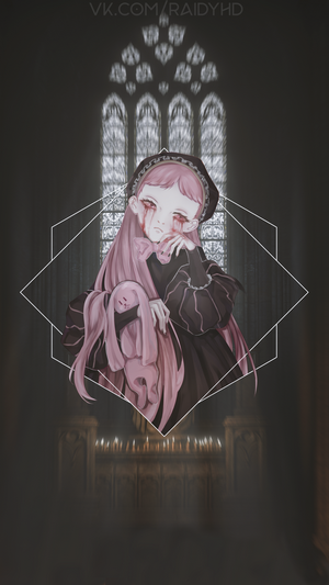 Anime girl with pink hair and bloody eyes holding a bunny
