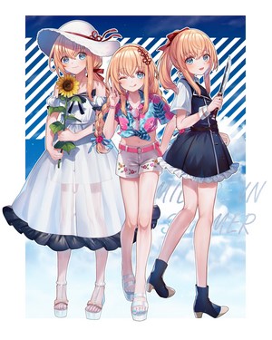 Three anime girls in summer outfits