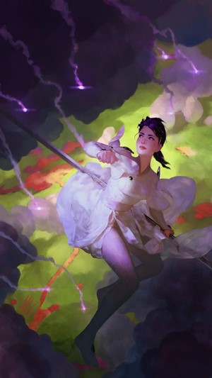 Fantasy girl with sword in stormy sky
