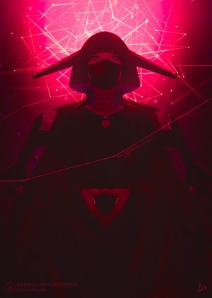 Artwork of a masked anime girl with a red background