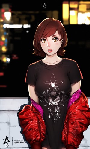 Anime girl with witch t-shirt at night