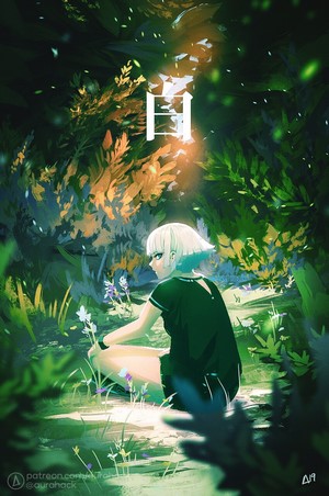 Anime girl in a forest with sunlight