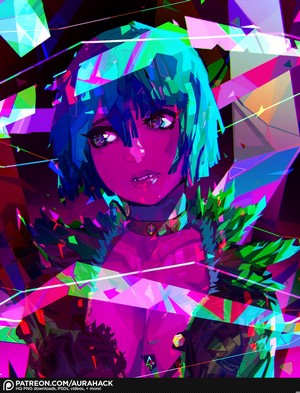 Anime girl with blue hair and colorful geometric shards