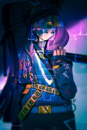 Anime girl with colorful hair and futuristic outfit
