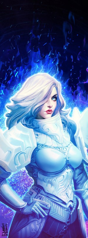 Artwork of a woman in armor with blue energy