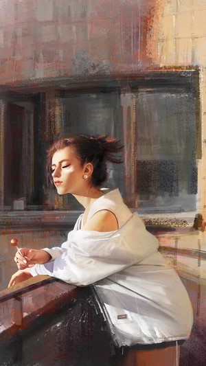 Artwork of a woman with a lollipop on a balcony