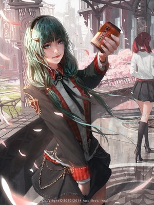 Anime girl with green hair holding a can
