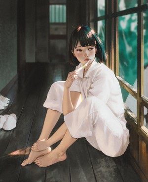 Anime girl brushing teeth by window