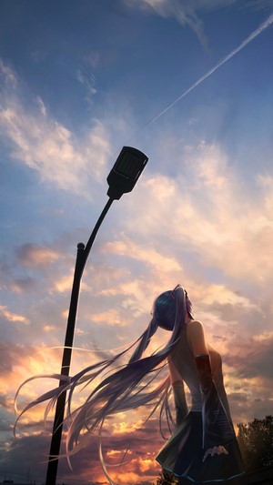 Hatsune Miku looking up at a street light during sunset