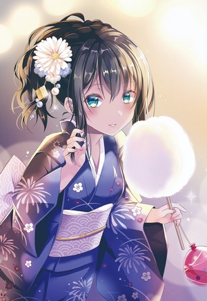 Anime girl in kimono with cotton candy