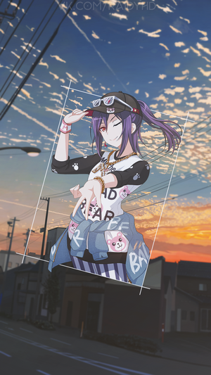 Anime girl with purple hair wearing a hat and sunglasses