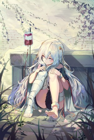 Anime girl with IV drip sitting by a wall