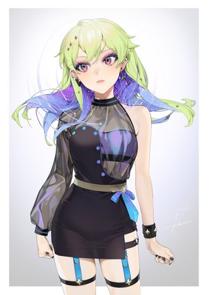 Anime girl with green hair and red eyes in a dress