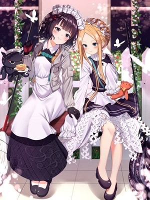 Two anime girls in maid outfits with a small octopus and teddy bear