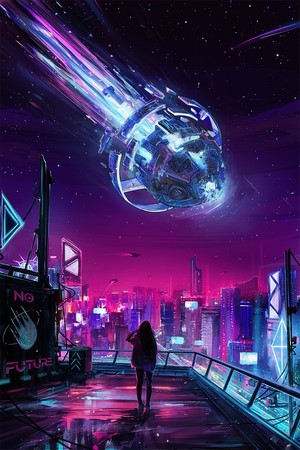 Futuristic City with Meteorite and Woman