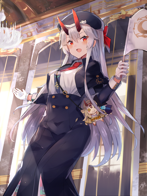 Anime girl with horns and a flag