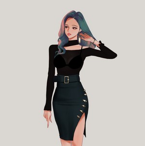 Anime girl with blue hair wearing a black outfit