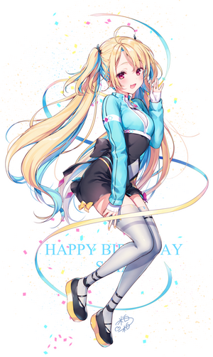 Anime girl with blonde pigtails celebrating birthday