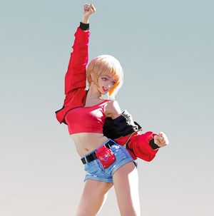 Anime girl in red jacket and denim shorts
