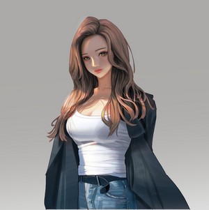 Anime girl with long brown hair wearing a white tank top