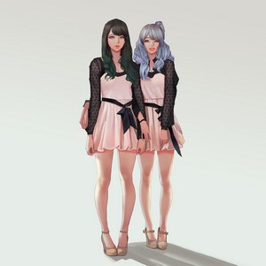 Two anime girls in pink dresses