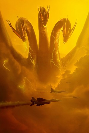 King Ghidorah and fighter jets in a stormy sky