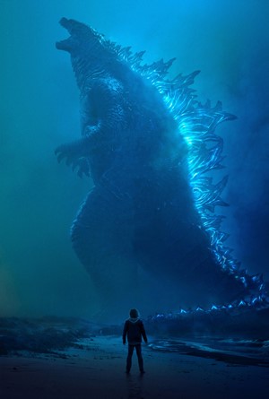 Godzilla Towering Over Figure in Blue Light