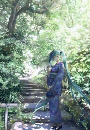 Hatsune Miku in a Yukata in a Japanese Garden