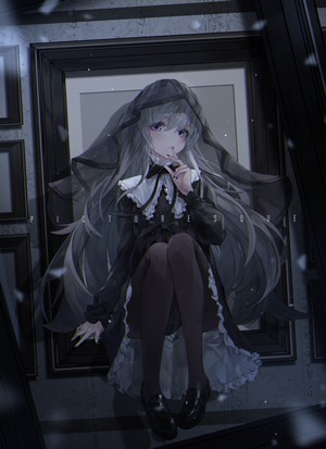 Anime girl in black dress with veil