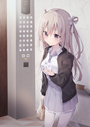 Anime girl with grey hair and purple eyes in elevator