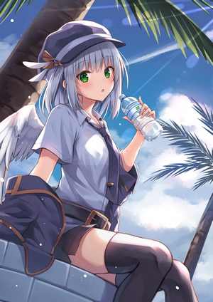 Anime girl with wings drinking water under palm trees