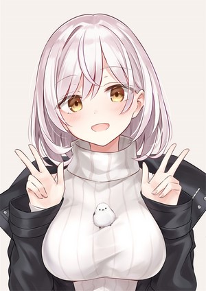 Anime girl with white hair and a bird plushie
