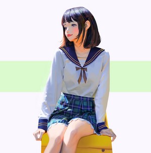 Anime girl in school uniform sitting on a chair