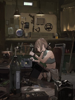 Anime girl working in a workshop
