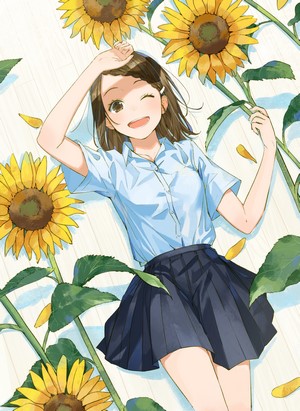 Anime girl lying down with sunflowers