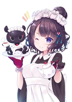 Anime girl in maid outfit with a creature serving tea