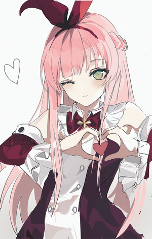 Anime girl with pink hair making a heart shape