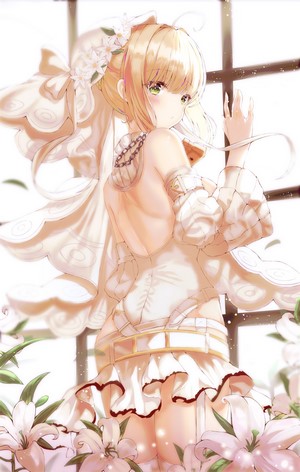 Anime girl in white dress with flowers