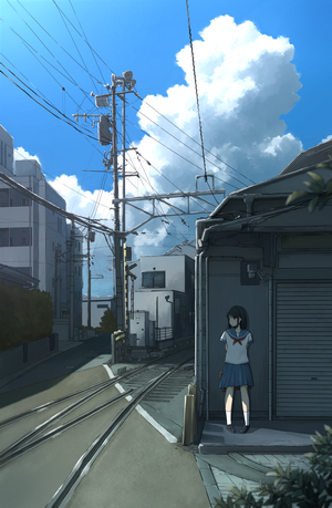 Anime artwork of a girl by train tracks