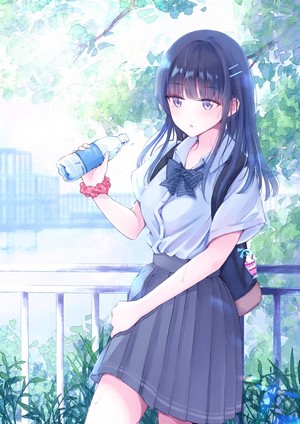 Anime girl in school uniform holding a water bottle