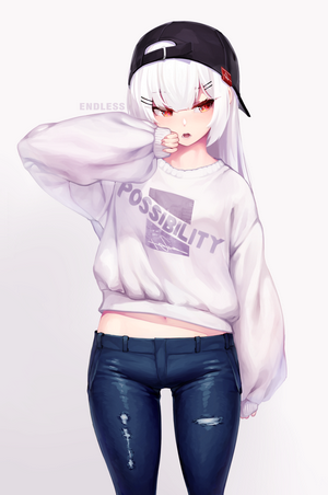 Anime girl with white hair and red eyes wearing a sweater and jeans