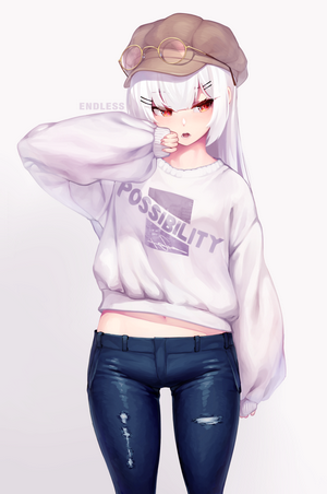 Anime girl with white hair and red eyes wearing a sweater and jeans