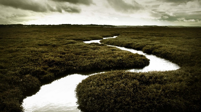 Winding river through marshland under cloudy sky