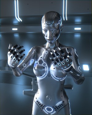 A female robot with glowing blue circuits