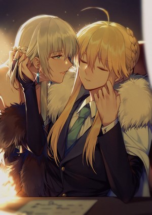 Two anime girls in formal wear embracing